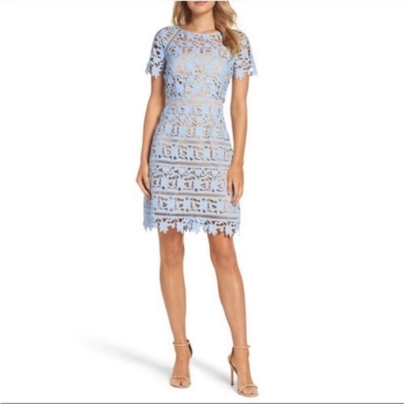 ELIZA J Floral Guipure-Lace Light Blue Short Sleeve Mini Dress sz 0P - Picture 2 of 12
